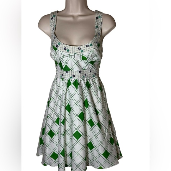 Free People Fit & Flared/Baby Doll White & Green Diamond Print Dress women Sz 4 - Picture 1 of 11